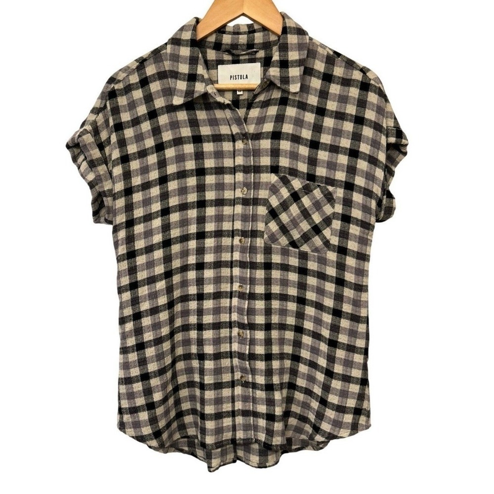 Pistola Plaid Flannel Shirt M Black Cream Split Button Back Oversized Soft Layer